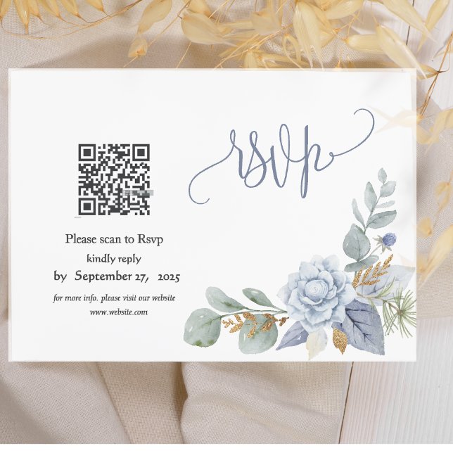 Dusty Blue Floral QR Code RSVP Card (Von Creator hochgeladen)
