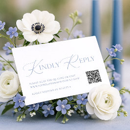 Dusty Blue Floral QR Code RSVP Card Begleitkarte