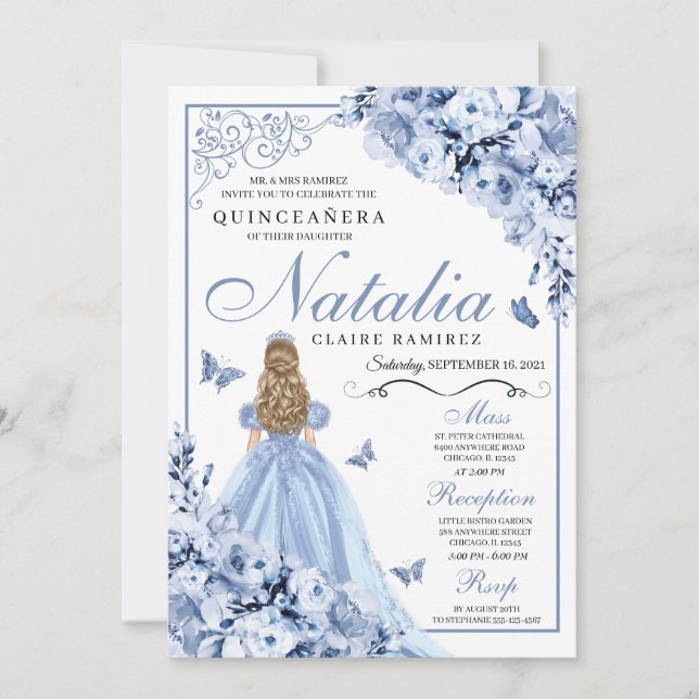Dusty Blue Floral Quinceanera Birthday Einladung (Vorderseite)
