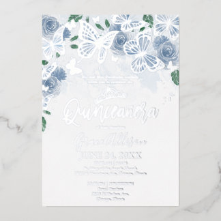 Dusty Blue Floral Quinceanera Butterfly Silver Folieneinladung