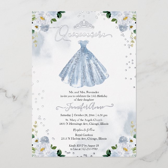 Dusty Blue Floral Quinceanera Folieneinladung (Vorderseite)