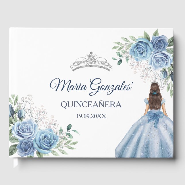 Dusty Blue Floral Quinceañera Gästebuch (Vorderseite)
