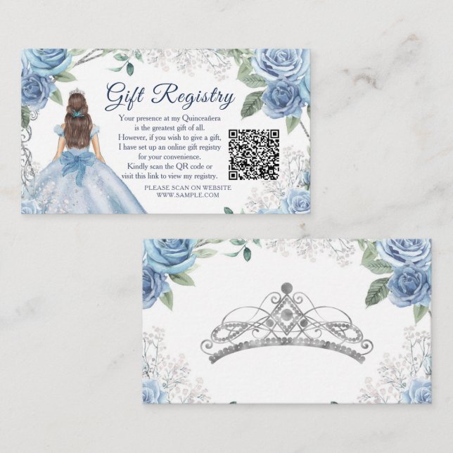 Dusty Blue Floral Quinceañera QR Gift Registry Begleitkarte (Vorne/Hinten)