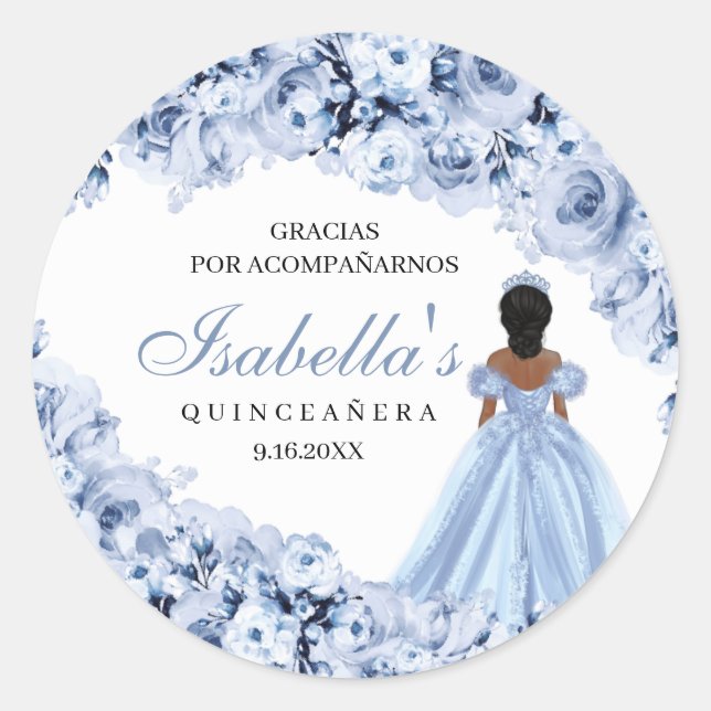 Dusty Blue Floral Quinceanera Round Stickers (Vorderseite)