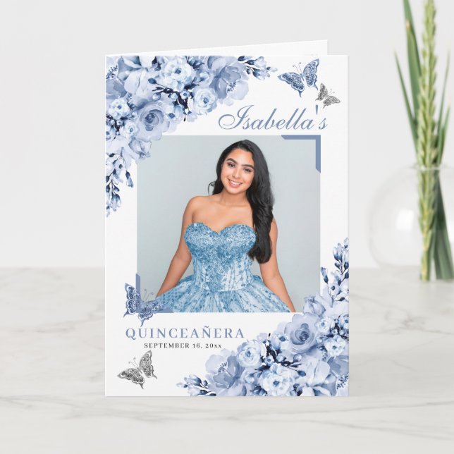 Dusty Blue Floral Quinceanera Tiara Butterflies Programm (Vorderseite)