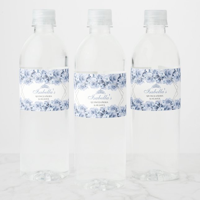 Dusty Blue Floral Quinceanera Wasser Flasche Etike Wasserflaschenetikett (Flaschen)