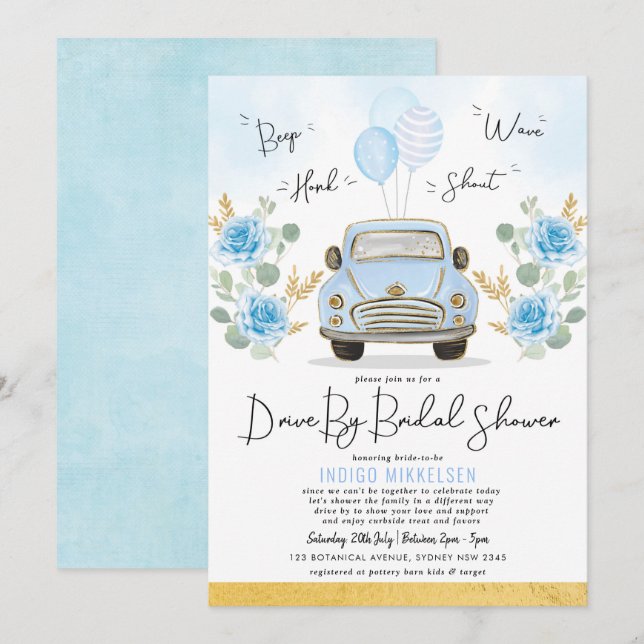 Dusty Blue Floral Retro Auto mit Brautparty Einladung (Vorne/Hinten)