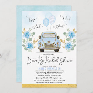 Dusty Blue Floral Retro Auto mit Brautparty Einladung