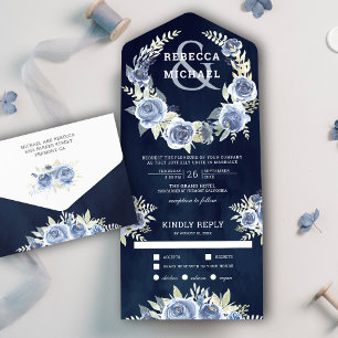 Dusty Blue Floral Rose Garland Navy Blue Wedding All In One Einladung