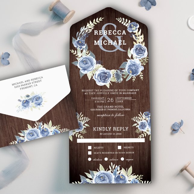 Dusty Blue Floral Rose Garland Rustic Wood Wedding All In One Einladung (Von Creator hochgeladen)