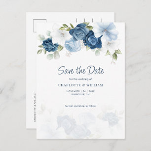 Dusty Blue Floral Save the Date Ankündigungspostkarte