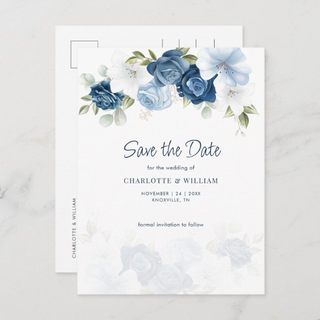 Dusty Blue Floral Save the Date Ankündigungspostkarte (Vorne/Hinten)