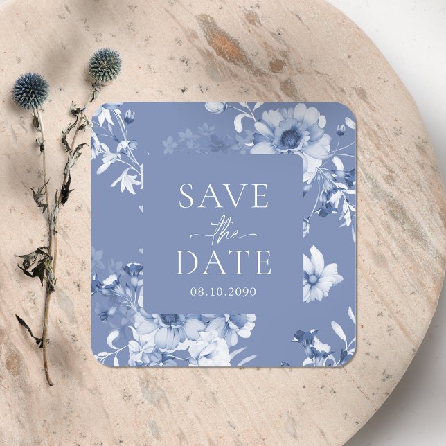 Dusty Blue Floral "Save the Date" Aufkleber (Von Creator hochgeladen)