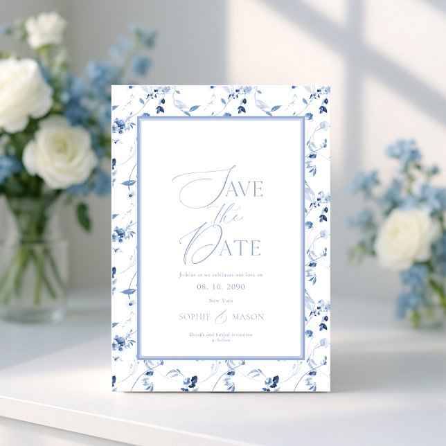 Dusty Blue Floral Save the Date Card Einladung (Von Creator hochgeladen)