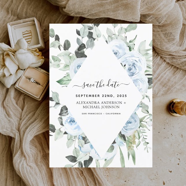 Dusty Blue Floral Save the Date Greenery Einladung (Von Creator hochgeladen)