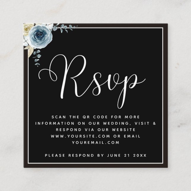 Dusty Blue Floral Schwarz-weiß Wedding RSVP QR Cod Begleitkarte (Vorderseite)