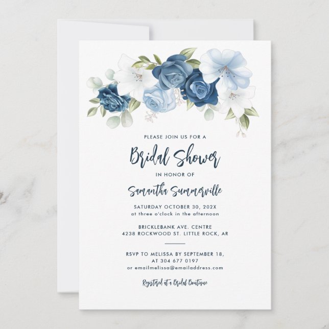 Dusty Blue Floral Script Brautparty Einladung (Vorderseite)