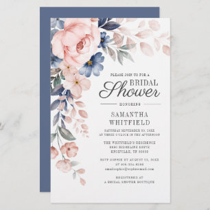 Dusty Blue Floral Script Bridal Dusche Einladung Briefpapier