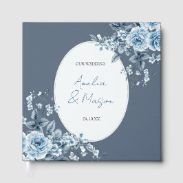 Dusty Blue Floral Script Elegant Wedding Gästebuch