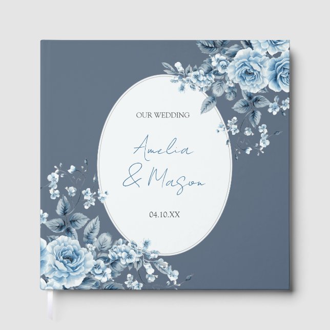 Dusty Blue Floral Script Elegant Wedding  Gästebuch (Vorderseite)