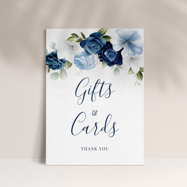 Dusty Blue Floral Script Geschenke und Karten Hoch Poster (Dusty Blue Floral Botanical Script Gifts and Cards Display Card)