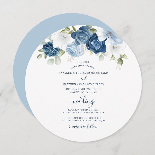 Dusty Blue Floral Script Moderne Hochzeit Einladung (Vorne/Hinten)