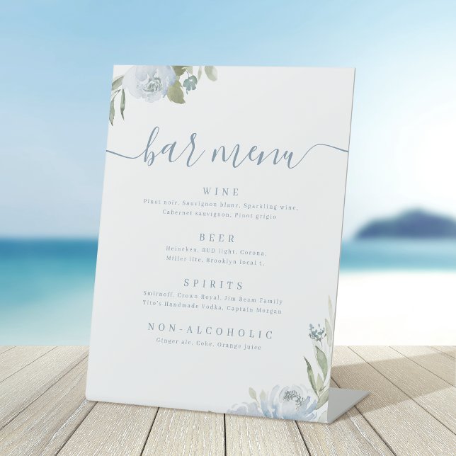 Dusty blue floral script rustic Bar Menu Sockelschild (Dusty blue floral script rustic Bar Menu Pedestal Sign)