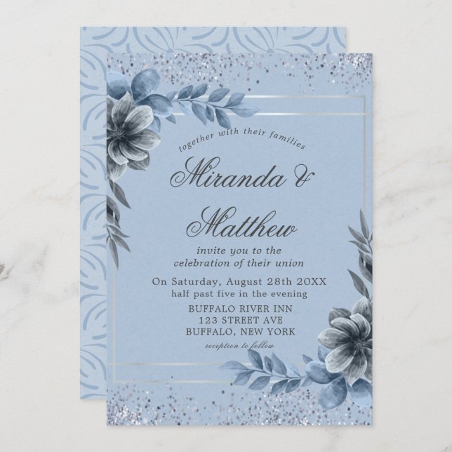 Dusty Blue Floral Silver Wedding Einladungen (Vorne/Hinten)
