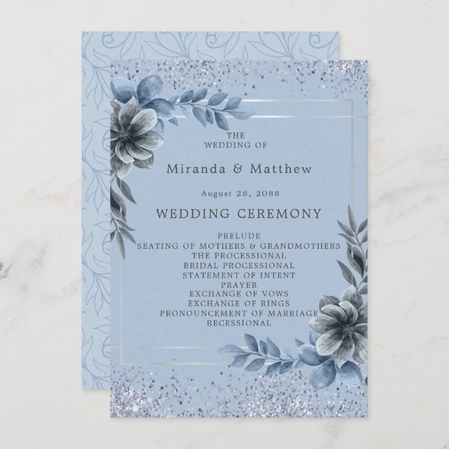 Dusty Blue Floral Silver Wedding Program Einladung (Vorne/Hinten)