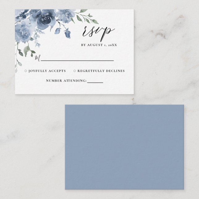 Dusty Blue Floral Slate Blue Pastel Wedding RSVP Begleitkarte (Vorne/Hinten)