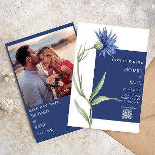 Dusty Blue Floral stilvolle Qr Code Hochzeit Einladung