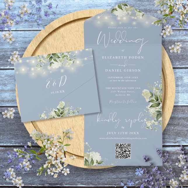 Dusty Blue Floral String Lights QR Code Wedding All In One Einladung (Dusty Blue Floral String Lights QR Code Wedding All In One Invitation)