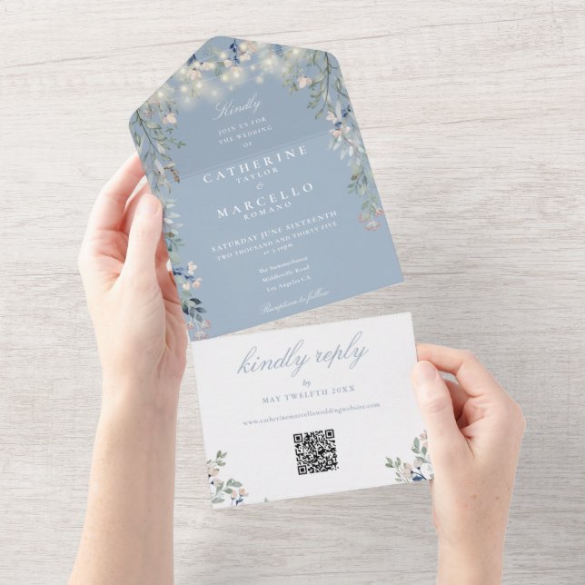 Dusty Blue Floral String Lights QR Code Wedding All In One Einladung (Abreißen)