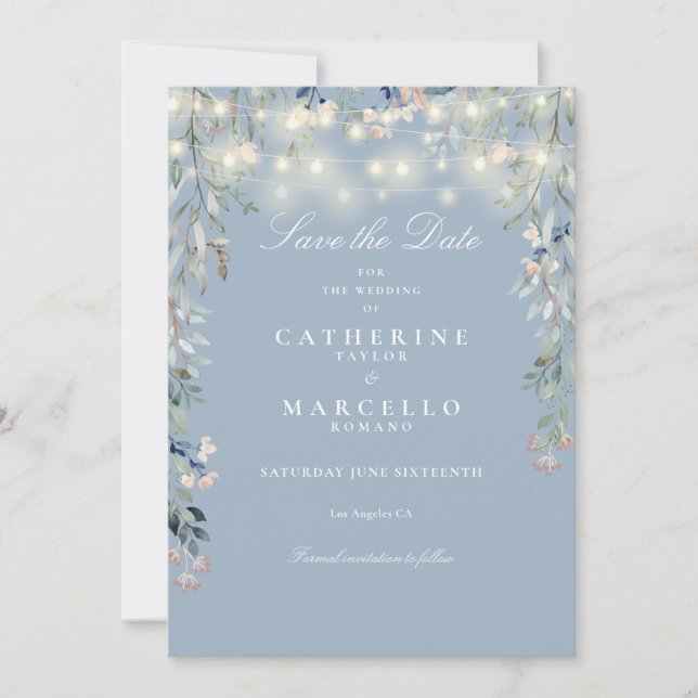 Dusty Blue Floral String Lights Wedding Save The Date (Vorderseite)
