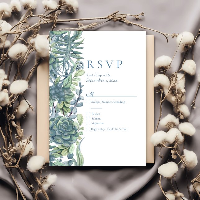 Dusty Blue Floral Succulents UAWG Wedding RSVP Karte (Von Creator hochgeladen)
