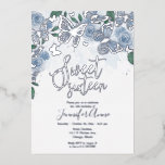 Dusty Blue Floral Sweet 16 Butterfly Silber Folieneinladung<br><div class="desc">Dusty Blue Floral Sweet 16 Butterfly Silberfolie Einladung</div>