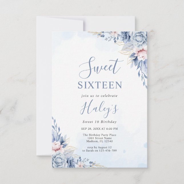 Dusty Blue Floral Sweet 16 Sechzehn Haushalt Gebur Einladung (Vorderseite)