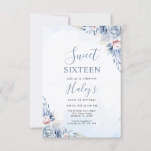Dusty Blue Floral Sweet 16 Sechzehn Haushalt Gebur Einladung
