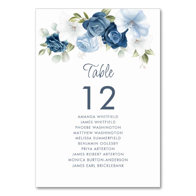 Dusty Blue Floral Tischnummer 12 Hochzeitssitze (Vorderseite)