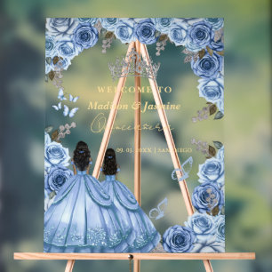 Dusty Blue Floral Twin Quinceañera Begrüßungszeich Acrylschild