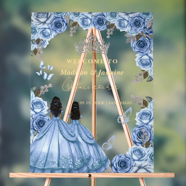 Dusty Blue Floral Twin Quinceañera Begrüßungszeich Acrylschild (Neutral)