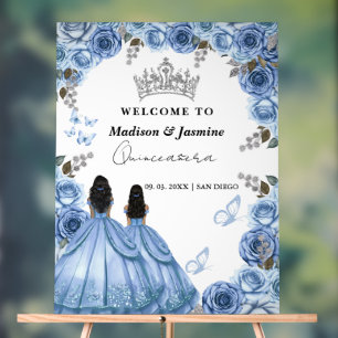 Dusty Blue Floral Twin Quinceañera Begrüßungszeich Acrylschild