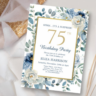 Dusty Blue Floral Überraschung 75. Geburtstag Einladung