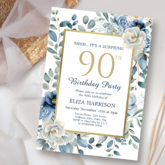 Dusty Blue Floral Überraschung 90. Geburtstag Einladung