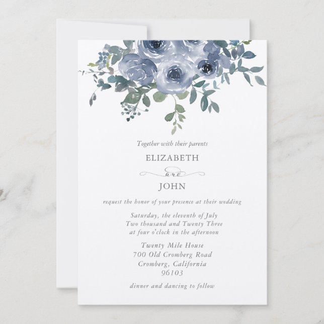 Dusty Blue Floral und Gray Wedding Einladung (Vorderseite)