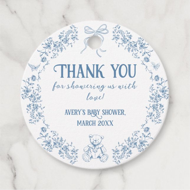 Dusty Blue Floral Vintag Teddy Bear Baby Dusche Geschenkanhänger (Vorderseite)