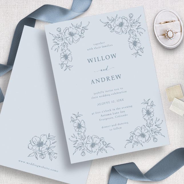 Dusty Blue Floral Vintage Hochzeit Einladung (Dusty Blue Floral Vintage Wedding Invitation
)