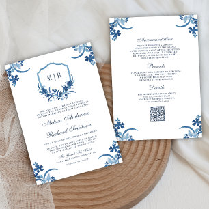 Dusty Blue Floral Wappen All in One QR Code Weddin Einladung