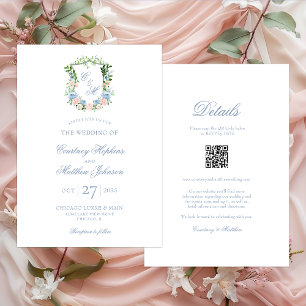 Dusty Blue Floral Wappen auf einer Hochzeit Einladung
