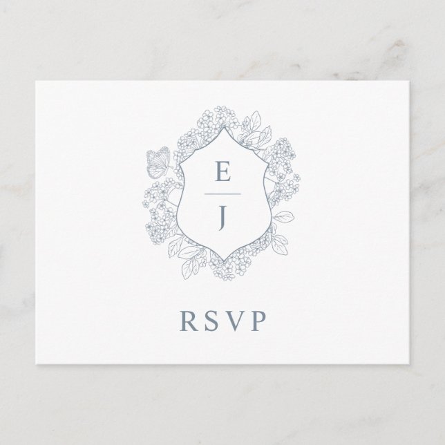 Dusty Blue Floral Wappen Monogram Wedding RSVP Postkarte (Vorderseite)